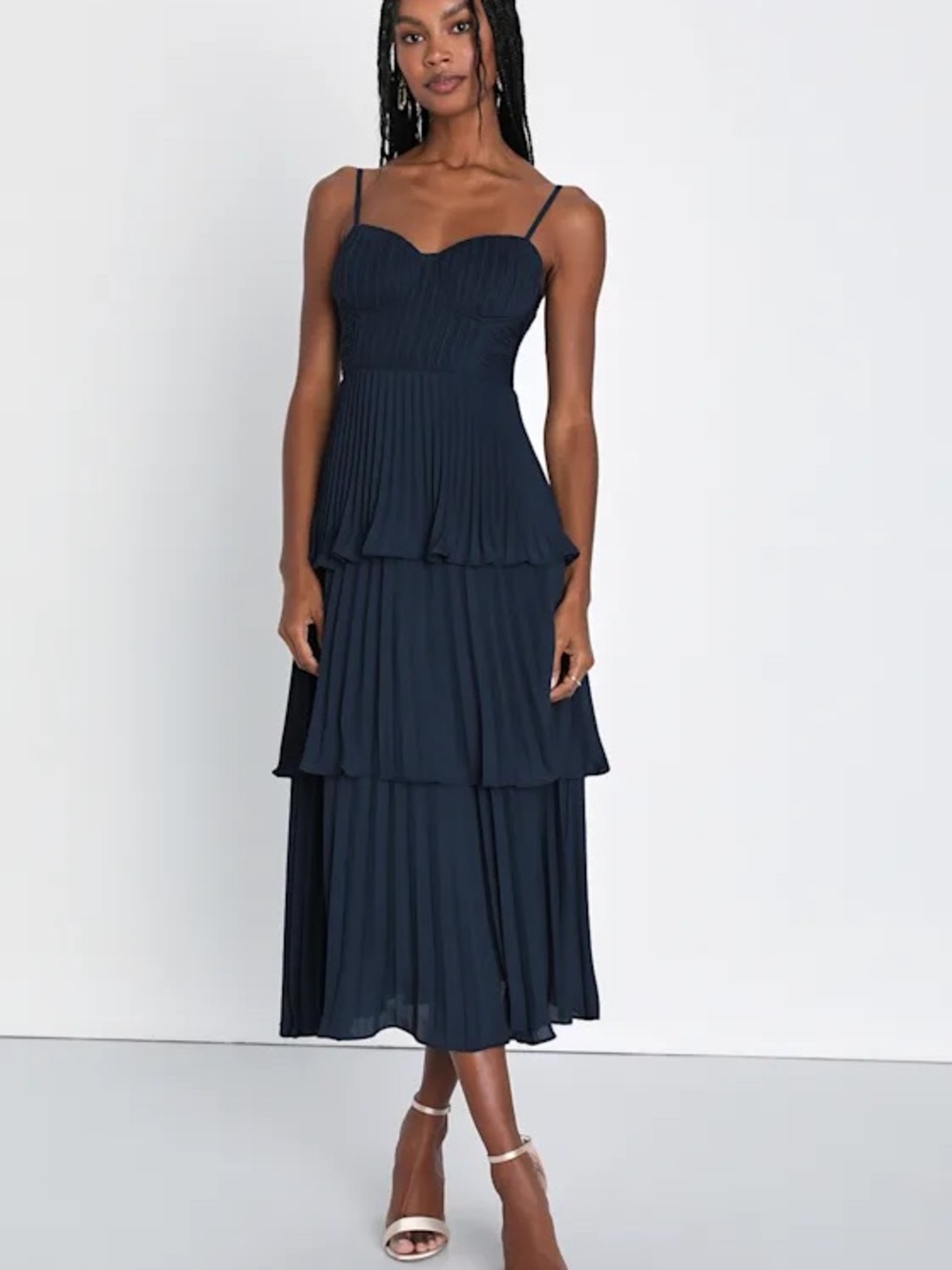 Lulus Cascading Crush Navy Blue Tiered Bustier Midi Dress